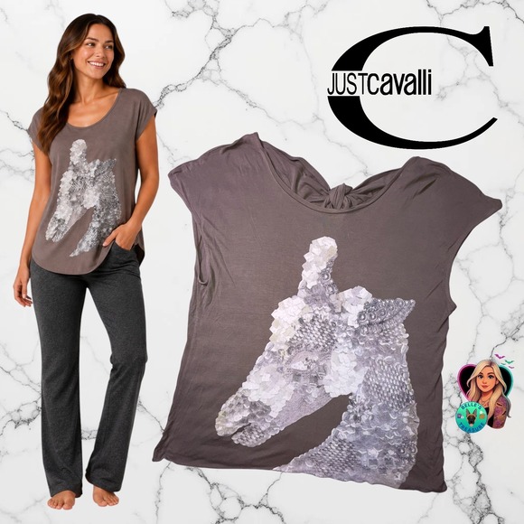 Just Cavalli Tops - Just Cavalli Gray Brown Giraffe Graphic Tie Back Top IT 42 Womens US Medium